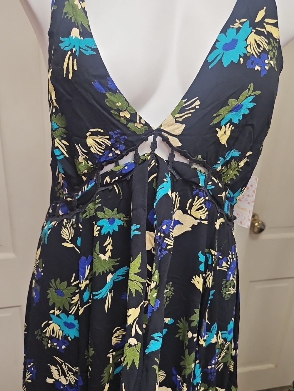 Free People Black Floral Backless Maxi Dress with Blue & Cream Accents - Picture 5 of 14